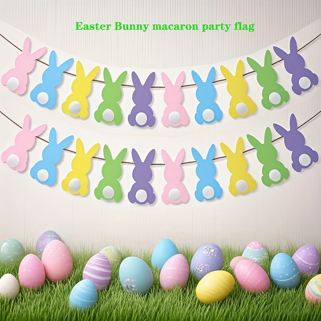 

New-style Easter Macaron Rabbit Pompom Pull Banner Ribbon, Easter Party Party Party Decoration 1set 10pcs Rabbit 5 Meters Rope