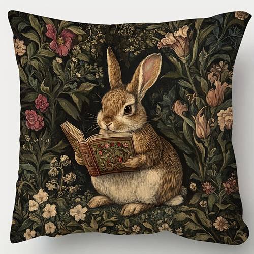 . viktorianischer - -kaninchen pflanzlicher wurfkissenbezug - beidseitig plüsch, 18x18, reißverschluss, nur handwäsche, polyester, charmantes blumenmuster für sofa, wohnzimmer, schlafzimmer, bürodekoration (ohne füllung), wohnzimmerzubehör | charmantes kaninchenmotiv | kissenhülle mit reißverschluss, kaninchenzubehör