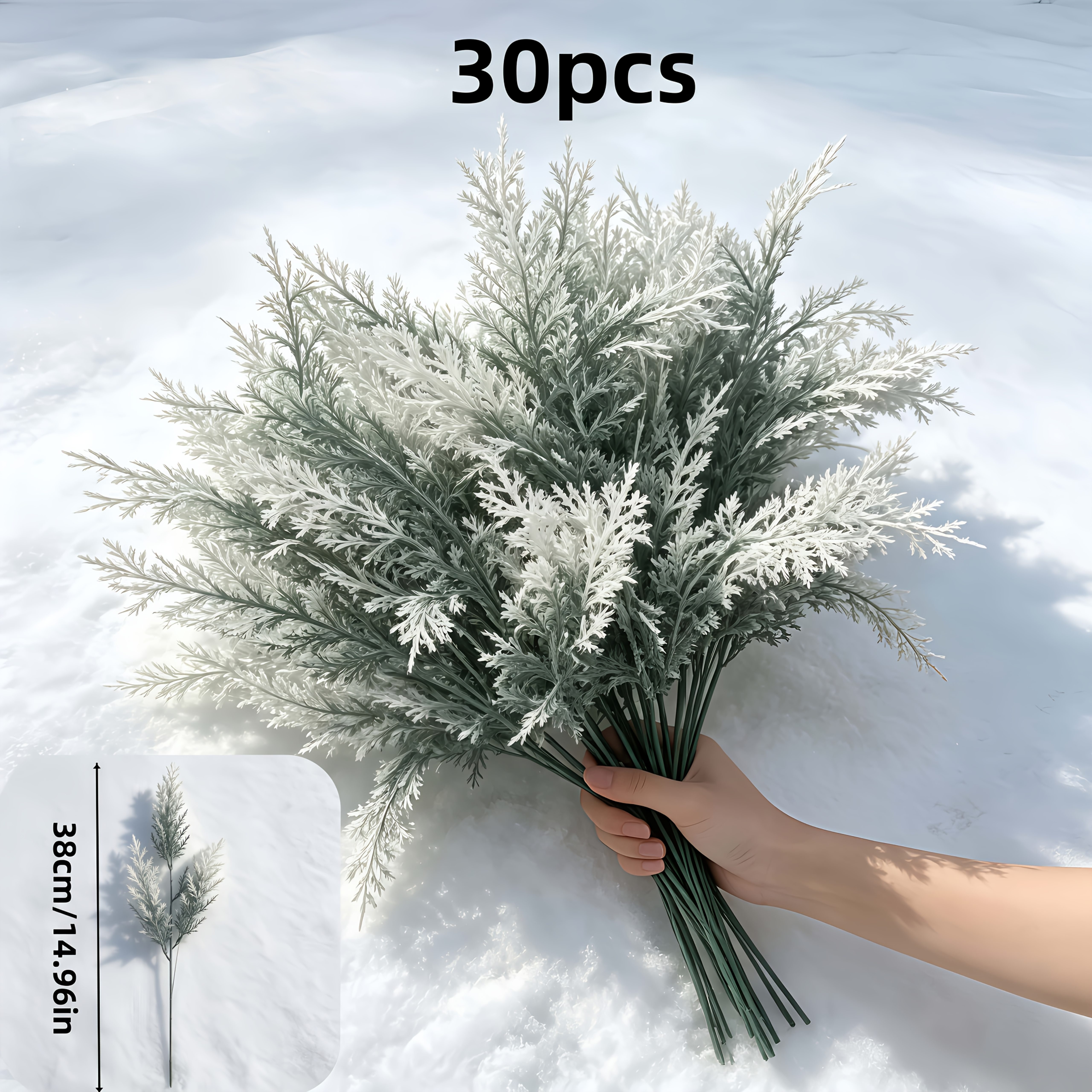TEMU 30pcs Artificial Cedar Branch Bouquet, Snow Effect Christmas Atmosphere Decorative Flowers, Suitable For Home Indoor Desktop, Entrance Display,