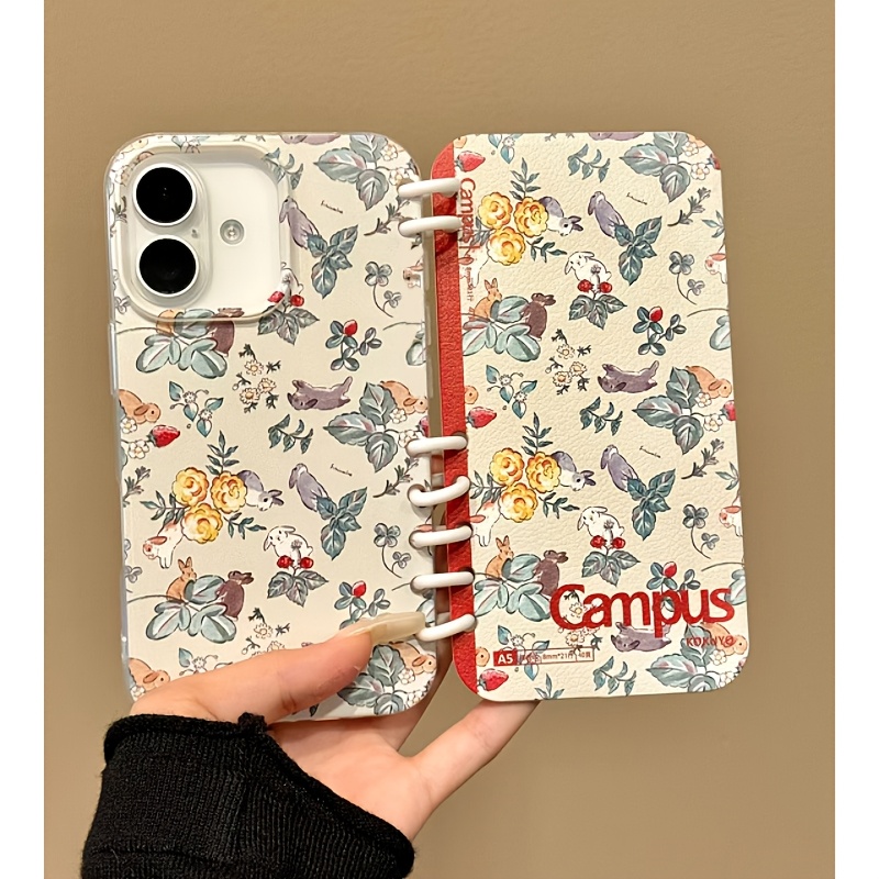 TEMU Oil Painting Floral Rabbit Pattern Notebook Phone Case Suitable For 16, Notebook For Women, Shockproof Phone Cover Compatible With