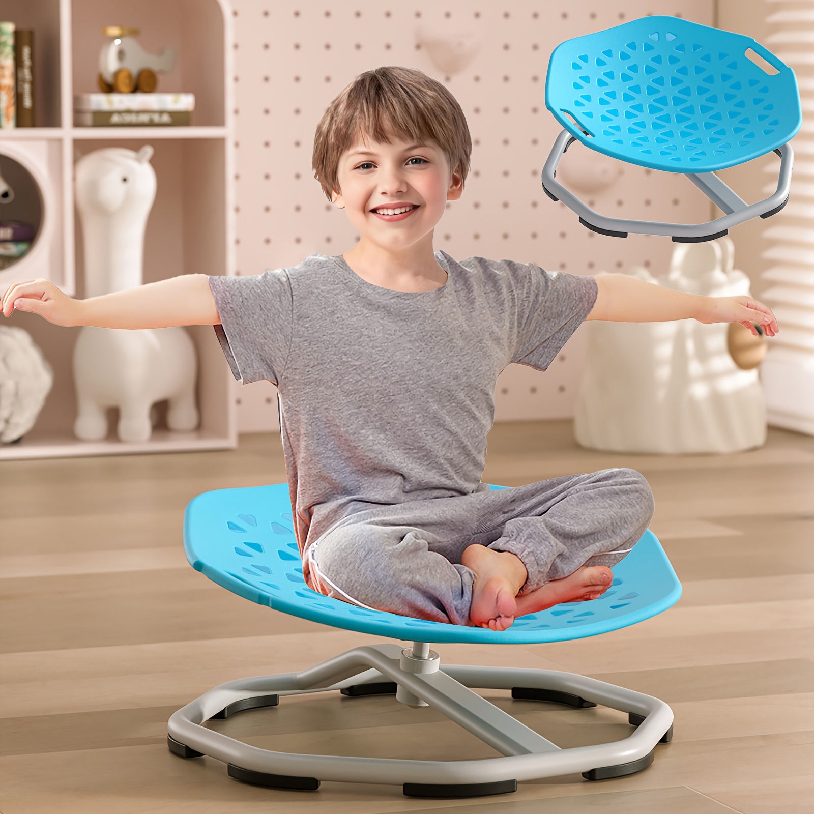   sensory swivel chair blue and gray carousel spinner seat with non slip metal base enhances body coordination ideal for boys kid chair