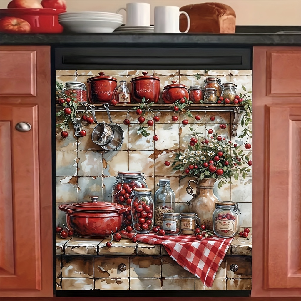 

1pc Rustic Berry & Kitchenware Magnetic Dishwasher Door Cover - Easy-to-clean Print, Kitchen Decor, 23.03 X 25.