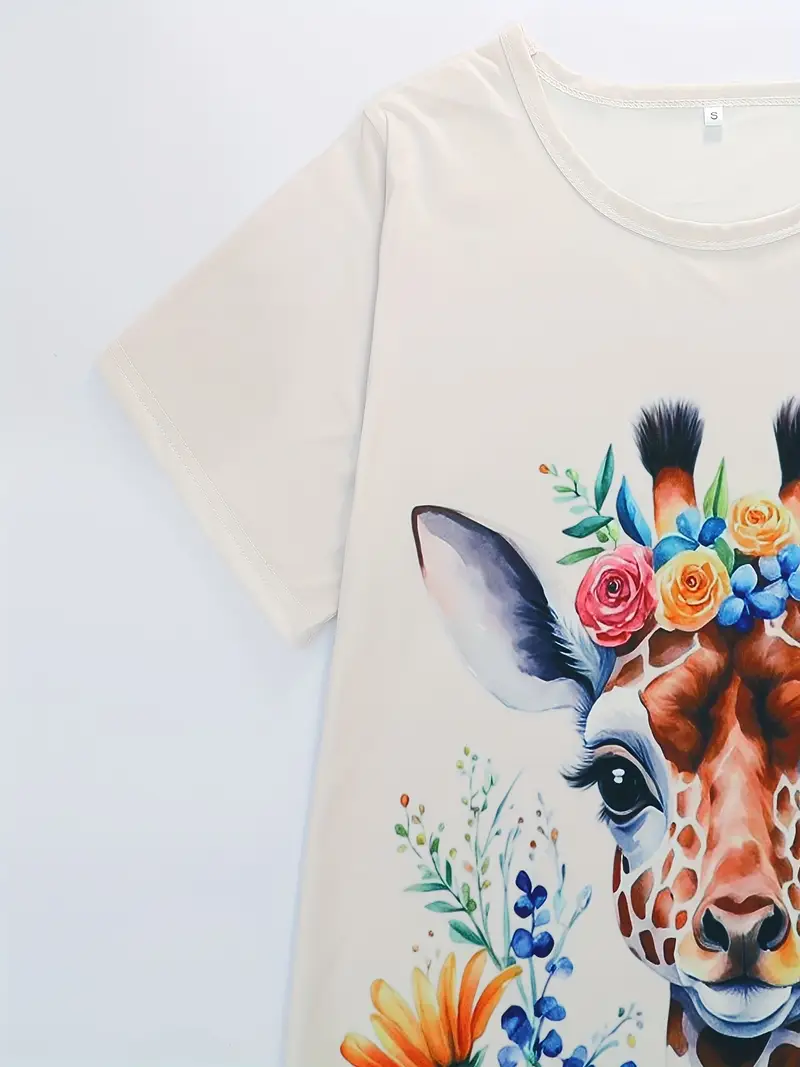 round neck womens pajama set pullover short sleeve top and loose elastic shorts and pants comfortable fabric suitable for casual adult womens sleepwear outfit with floral giraffe print Product details 4