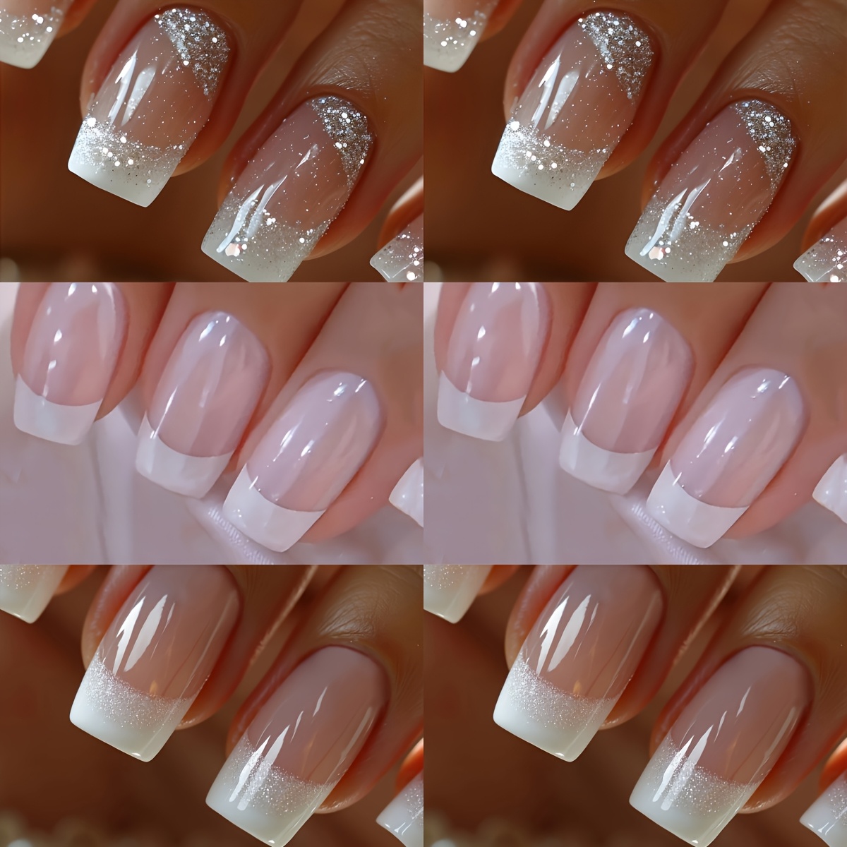 Get With 144pcs Long Square Nail Summer Pearlescent White French Shimmer Gradient Full Coverage Gel Nail Sticker Set For Women And