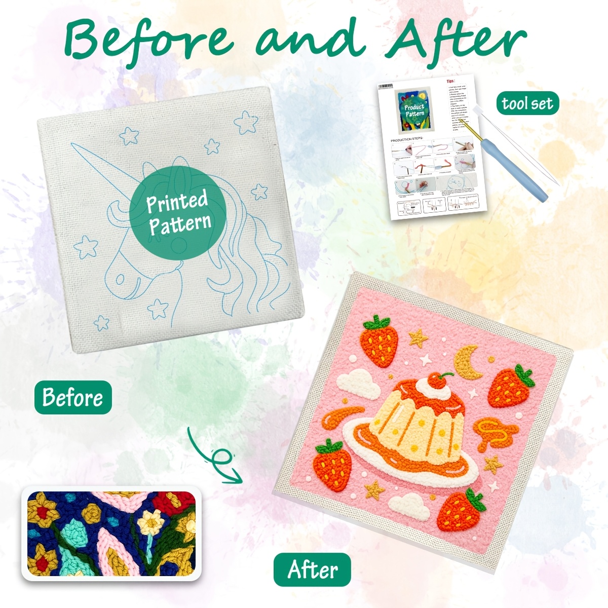 Complete DIY Punch Needle Starter Kit with Pre-Printed Fruit Cake Design