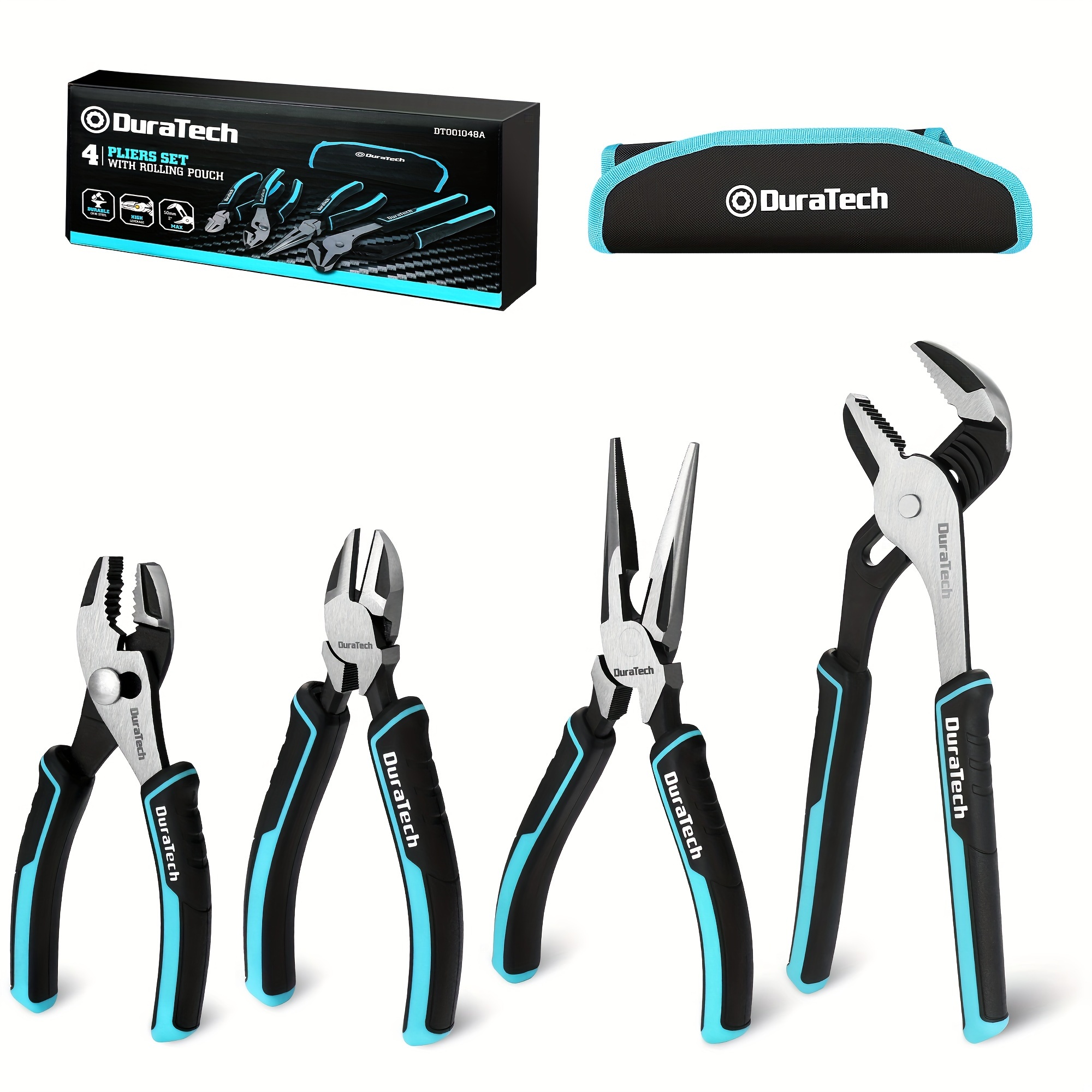 

Duratech 4-piece Pliers Set With Rolling Pouch, Premium Cr-ni Construction, (10" Groove Joint Pliers, 8" Nose, 6" Slip Joint, 6" Diagonal) For Basic Repair