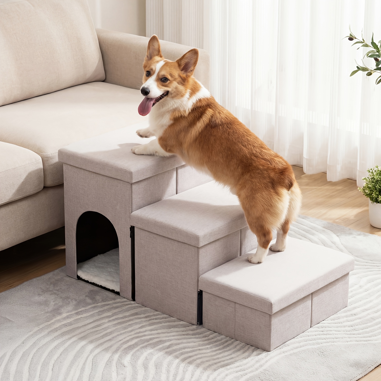 Senior Dog And Large Cat Ramp, Gentle Slope Anti-slip Pet Stairs, , Detachable, Sturdy Structure, Assist Getting Sofa And Bed Ramp, Gray And Beige Optional