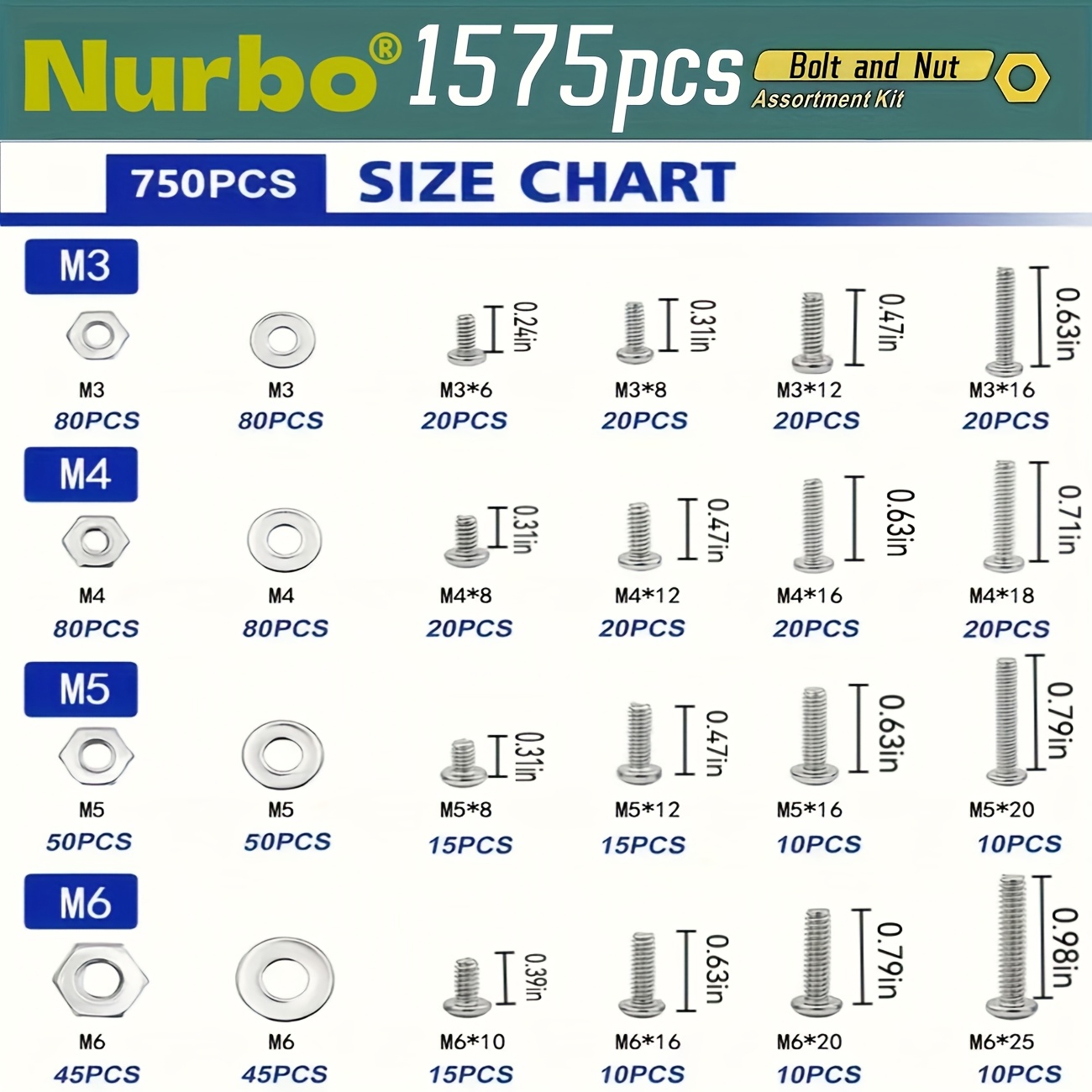 Juego de 1575 piezas de tuercas y tornillos, acero inoxidable, cabezas Phillips y planas, con varias tuercas, arandelas y caja organizadora de doble cara