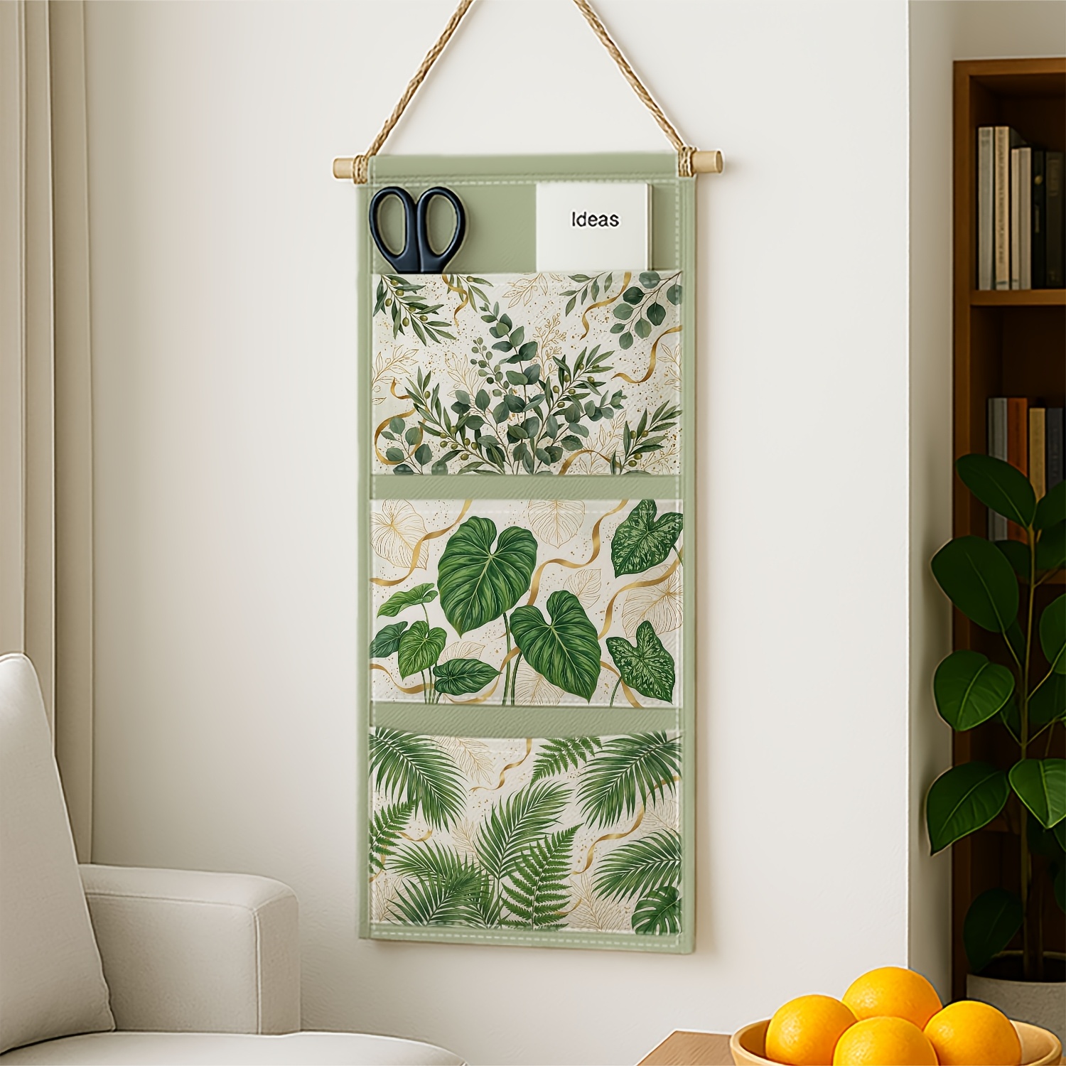 TEMU 1pc Summer Vibe Theme Elegant Aesthetic Wall Hanging Storage Organizer With 3 Pockets,monstera Leaf Green Golden Hanging Wall Shelf For