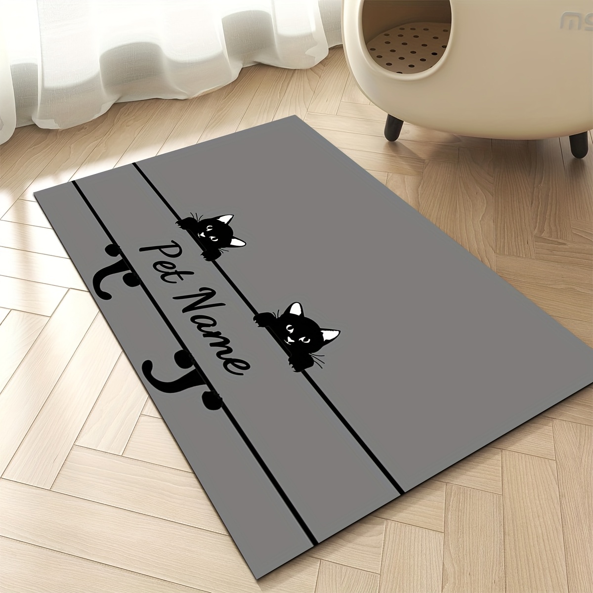 Image of 1pc Personalized Cartoon Cat Print Pet Feeding Mat - Custom Name, Non-slip Polyester, Ideal For Food & Water Bowls, Accessories, Home Decor, Gift, Cat Food Mat