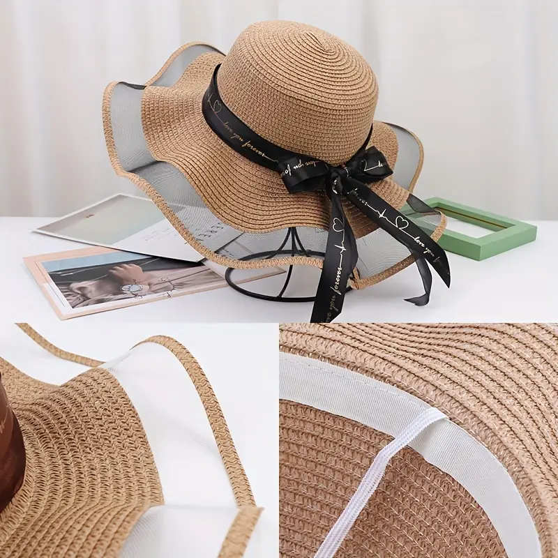 elegant wide brim sun hat with bowknot uv protection breathable straw beach cap for for outdoor leisure details 2