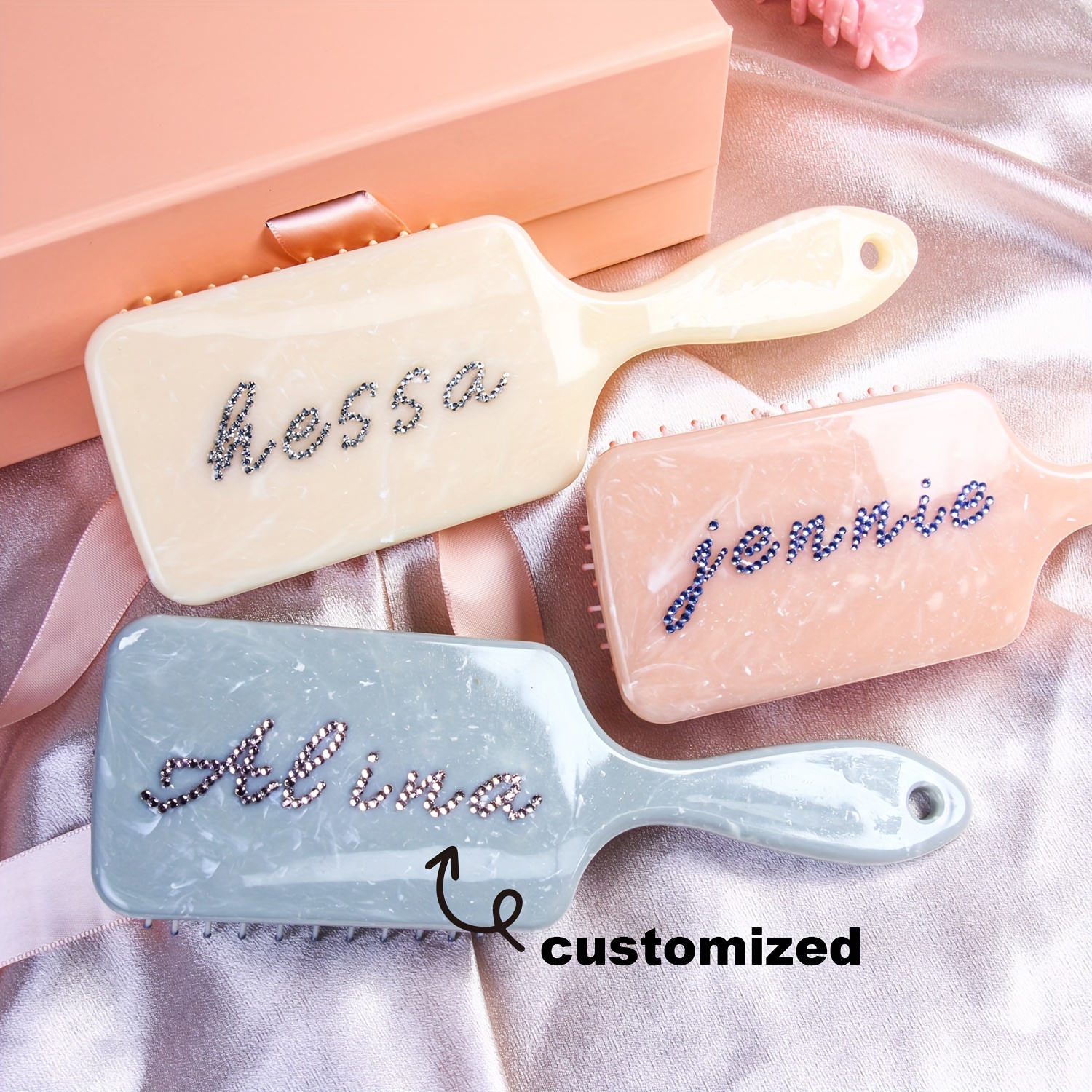 

Custom Rhinestone Name Hairbrush, Personalized Pink Paddle Brush, Detangling Hairbrush For Bridesmaids & Birthday Gifts, Acrylic Handle, Long Hair Style, Beauty &