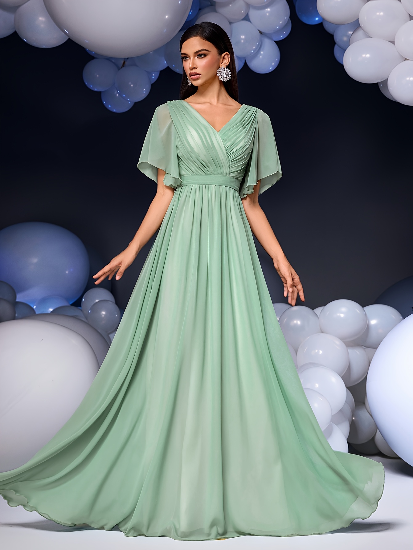 v neck flounce sleeve bridesmaid dress - Temu