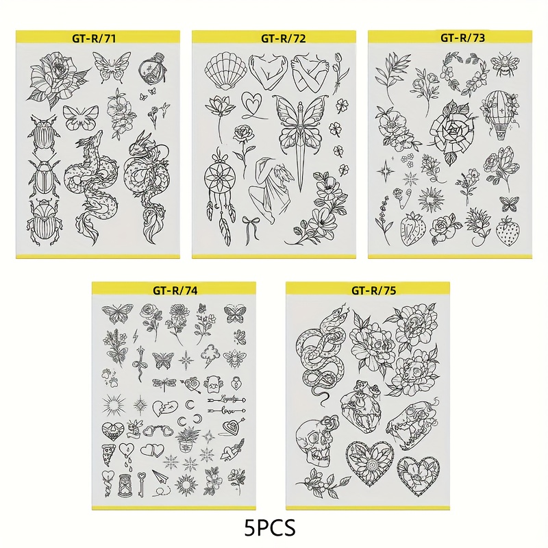 5pcs gothic & floral tattoo stencil transfer sheets with heart,  , leaf, rose, sun, bird, bee, leaf, vine, bat, bat wing, spider web, skull, rose,  , heart, leaf, sun, moon, star, number, letter, face, hair, hand,  , fish, fish scale, snake, snake scale, fish tail, fish bone, fish  ,  , fish mouth, fish tail, fish bone, fish  ,   designs 0