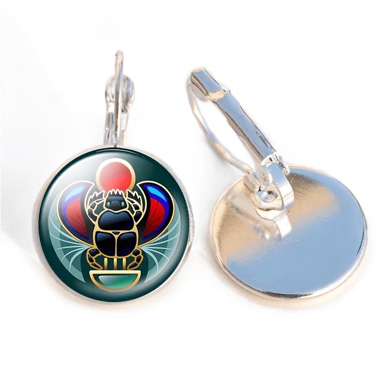 Round Glass Inlaid Base Earrings with Beetle Design
