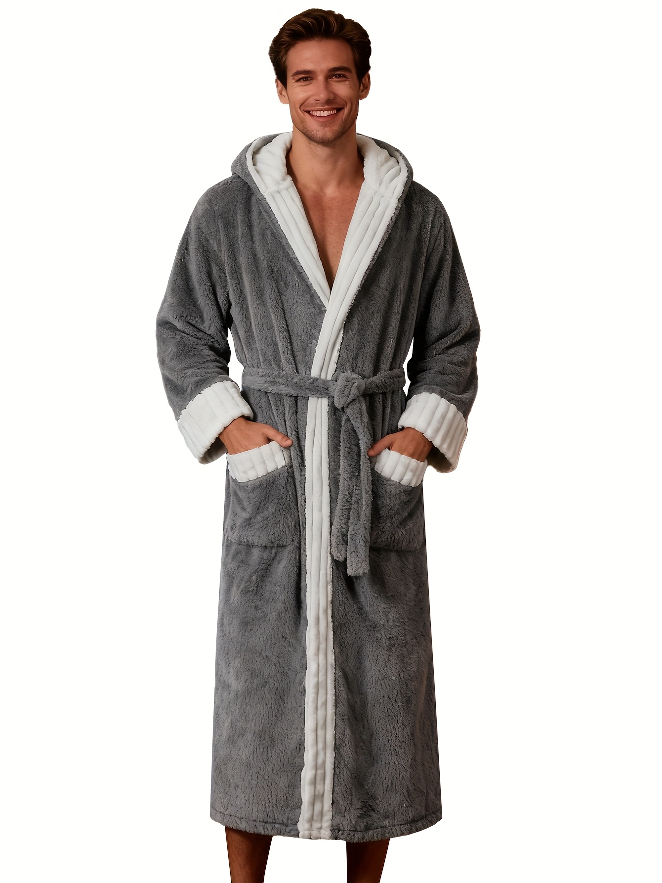Men'S Classic Hooded Bathrobe | Thick, Warm, Breathable, Skin-Friendly Flannel Robe with Lace-Up Detail, Perfect for Fall/Winter, Casual Style, Long Sleeve, Belted.