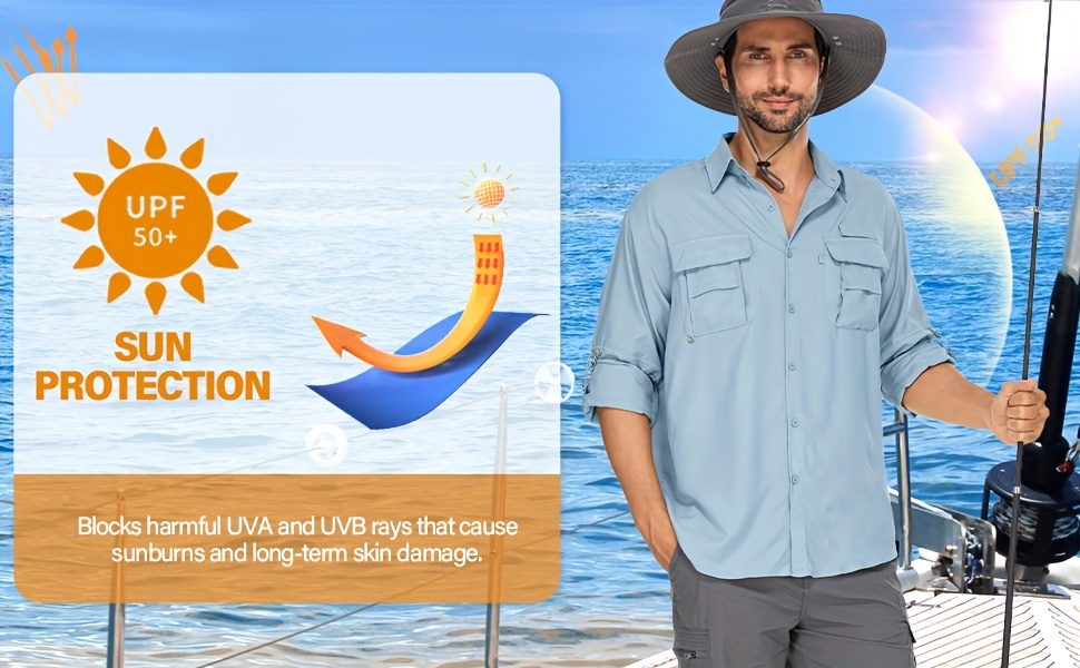 Men'S Summer Outdoor Sun Shirt, Quick Dry Lightweight Breathable Cooling Work Shirts, Long Sleeve UPF 50+ UV Protection Work Wear, Casual Button Cargo Shirts With Pocket, Lapel Collar, Regular Fit For Fishing, Hiking, Safari, Beach, Everyday Use