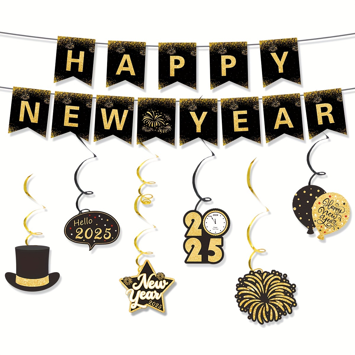 

2025 Happy New Year Banner - Black And Golden Paper Garland With Decorations For Christmas, Graduation, And Celebrations - Room Decor For New Year's Eve Party Supplies, New Years Decorations