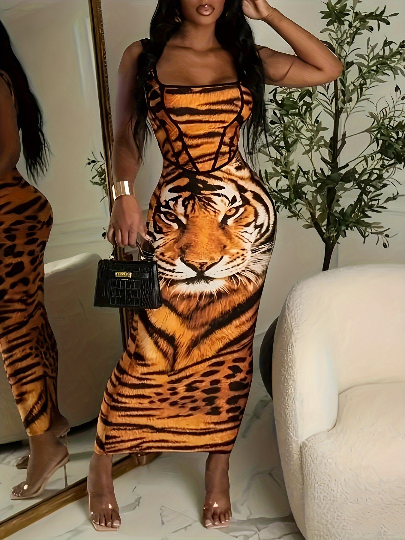 Tiger Print Cami Dress Casual Sleeveless Bodycon Dress - Temu