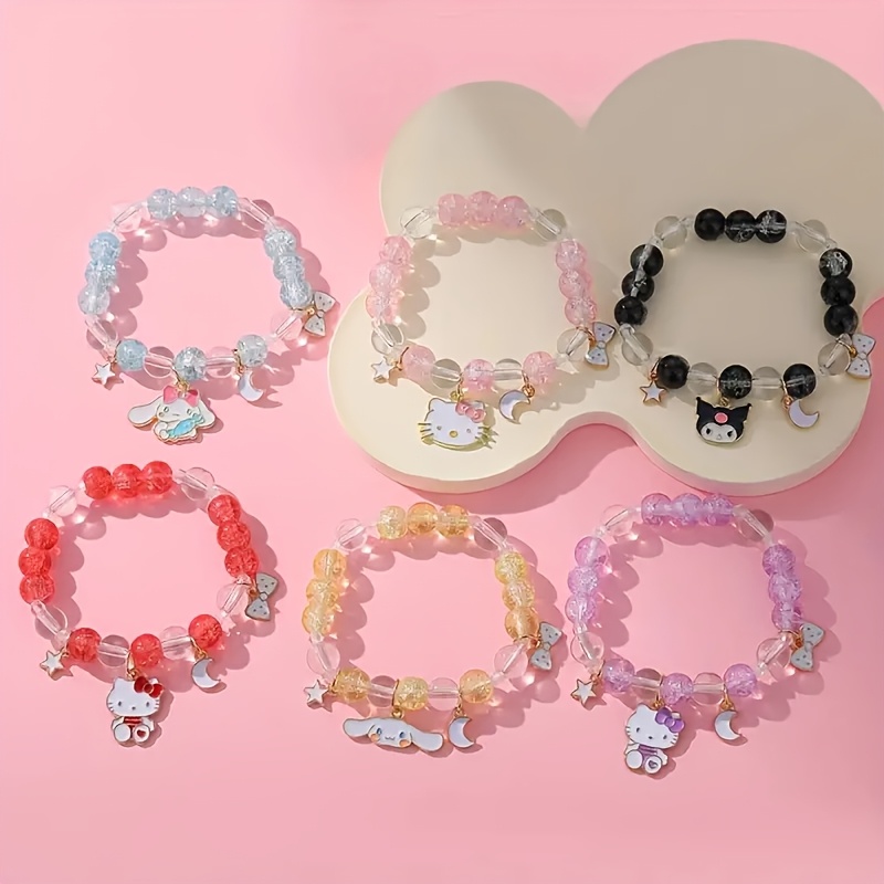 

Sanrio 6pcs Bead Bracelet - Cute , Handmade Adjustable Crystal Jewelry, Suitable For Casual Wear, No Electroplating Needed - .