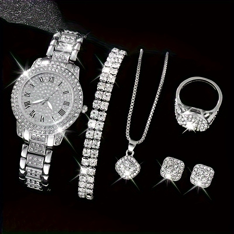 

6pc Rhinestone Roman Quartz Bracelet Watch Set Gift For Mom