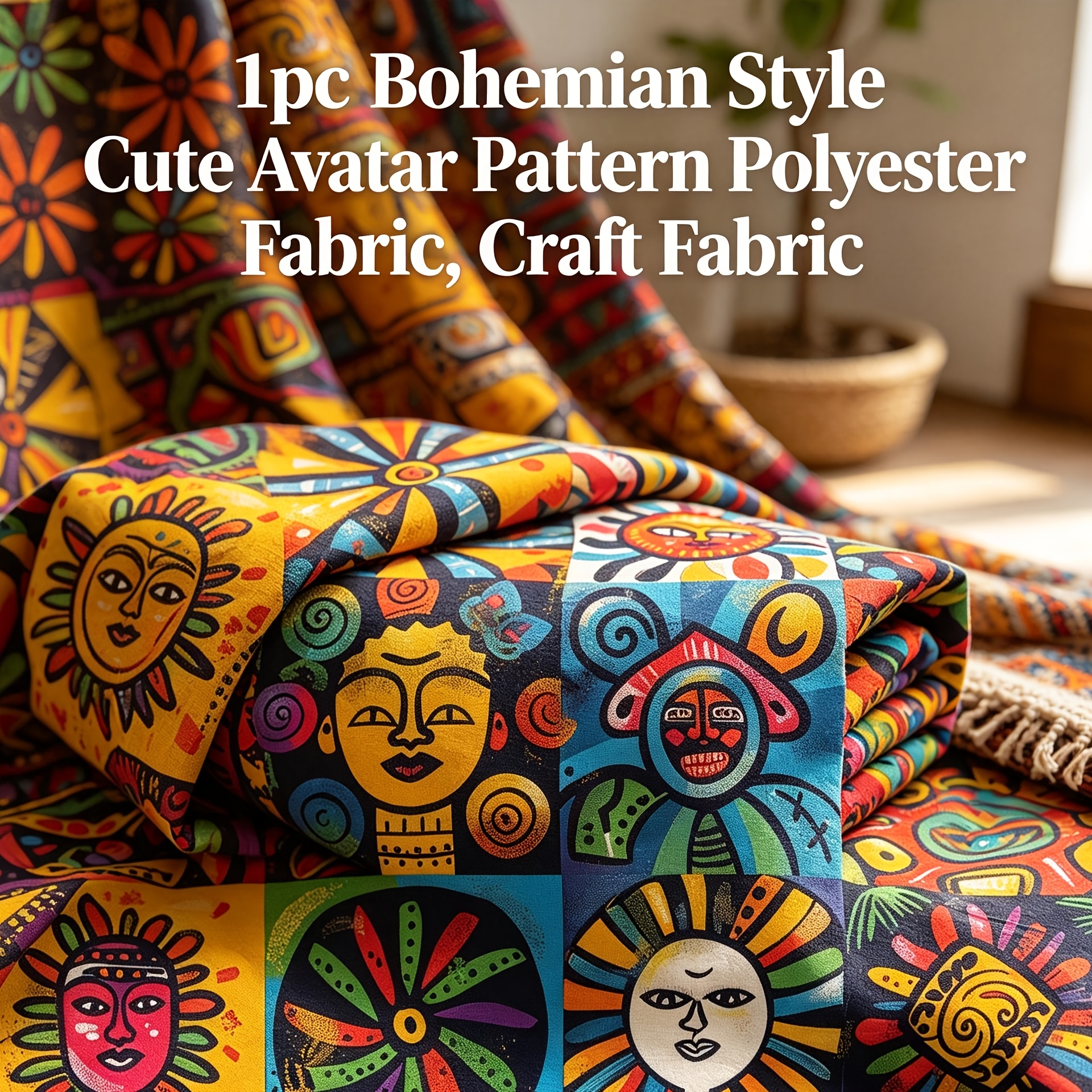 TEMU 1pc Meticulously Designed Bohemian-style Floral Print Fabric Featuring Adorable Smiling Flower , Available In Multiple Sizes. This Single-sided