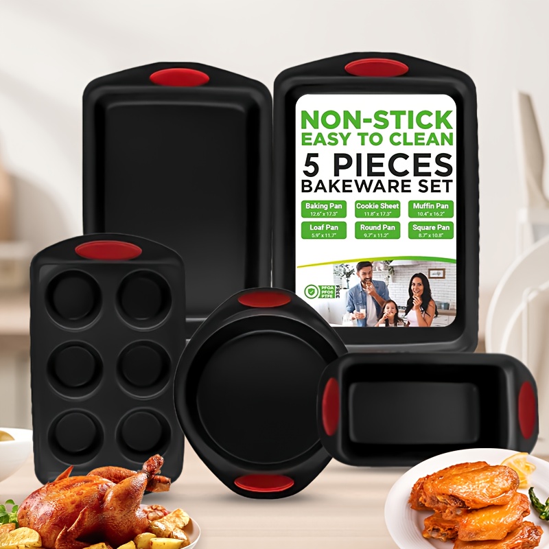 TEMU Nonstick Bakeware Set - 6pcs Baking Pan Tray Set With Silicone Handles & Utensils, Baking Sheet, Carbon Steel , Baking Dish, Baking Pans, Black