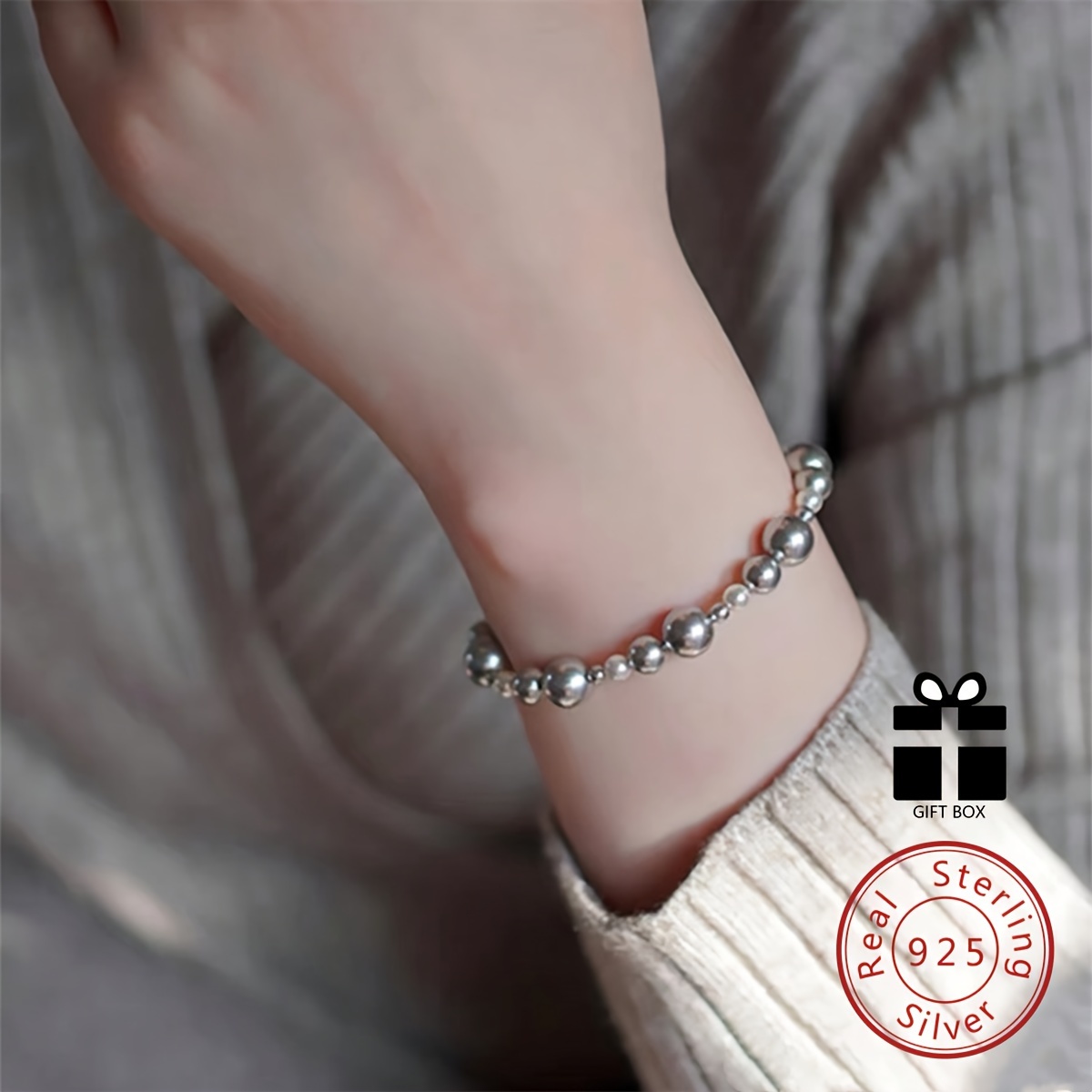 TEMU 1pc Fashionable And Simple Bohemian Style 925 Silvery Bead Bracelet With Multiple Color Gradient Sizes And Adjustable Beads. Original Handmade