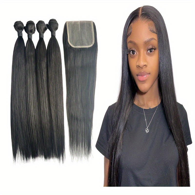 

4 Packs Of 200g 16-inch 30% Human Hair Straight Bundles With Extensions, Including 1 4x4 Lace Closure Weighing 40g.