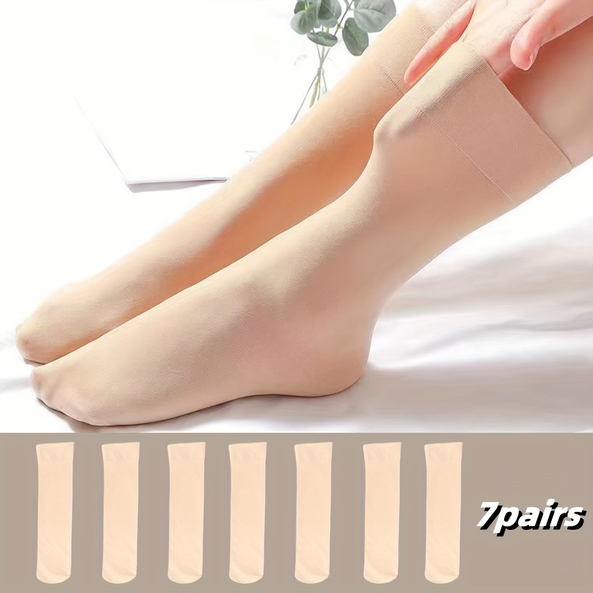 Image of 7 Pairs Women's Spring Summer Style Stockings Short Socks Anti-snag Black Nude Thin Mid-calf Socks, Thin Breathable Stockings Women's Outdoor Sports Socks