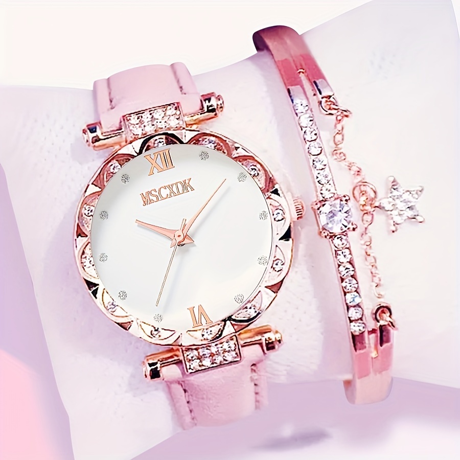 

2pcs/set Women's Luxury Rhinestone Pink Quartz Watch Analog Pu Leather Wrist Watch & Star Bangle, Gift For Mom Her