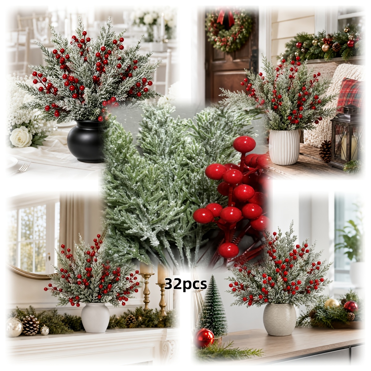 TEMU Ensemble de 32 pièces de de pin blanches comme neige avec rouges, verdure artificielle, bouquet de verdure combiné à faire soi-même pour Noël,