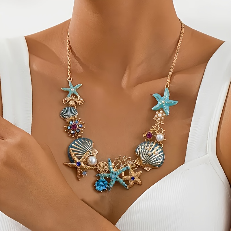 E-shop Böhmischer Urlaubsstil Elegante Süße Metallische Muschel, Seesternförmige Halskette Damen Urlaub Geburtstag Date Party Urlaubs Shopping