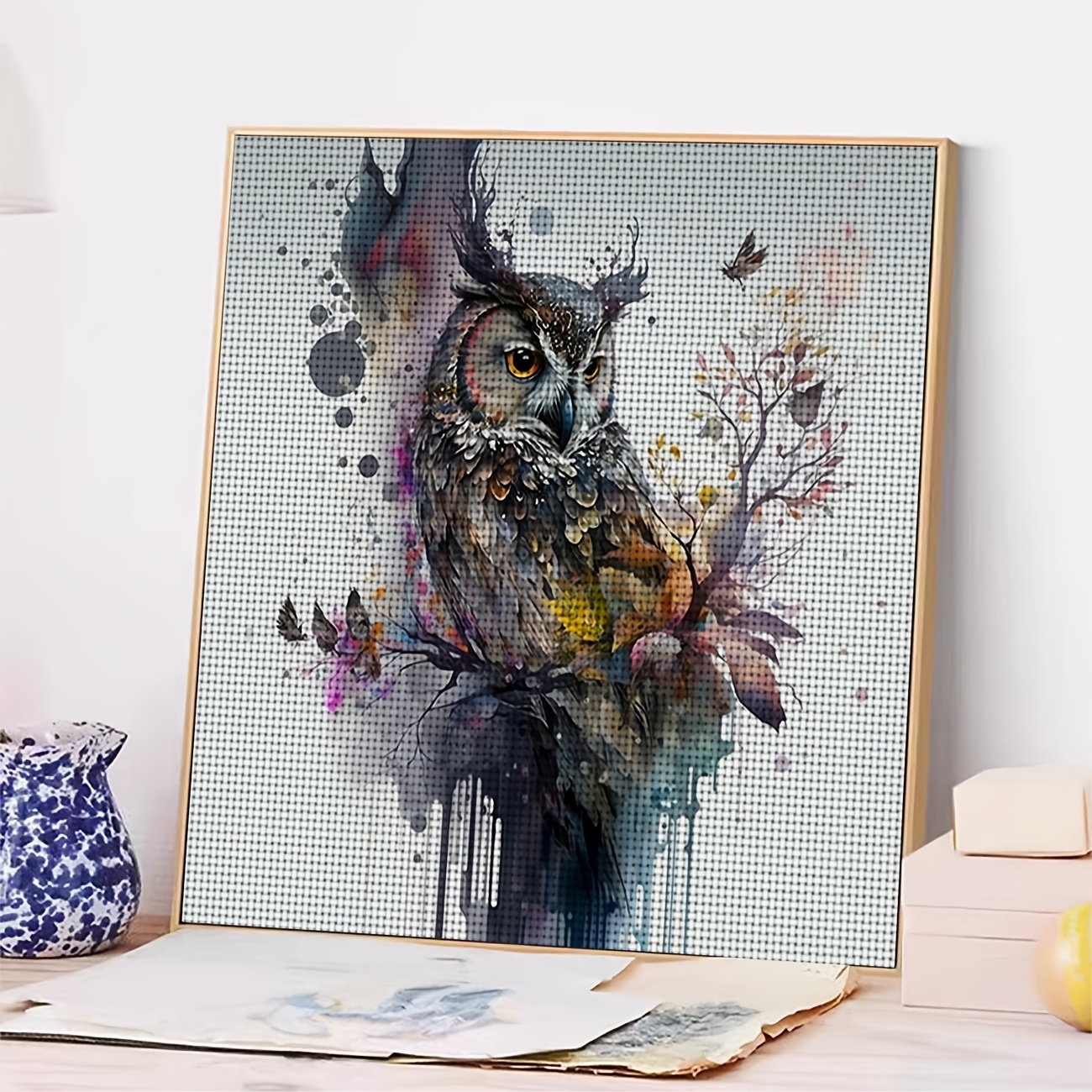 Cross Stitch Printed Kit, Frameless, Watercolor Owl And Floral Butterflies Design