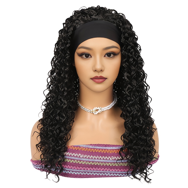 

Elegant Headband Wig For Women - Synthetic Curly Half-wig With Cap, Versatile Black