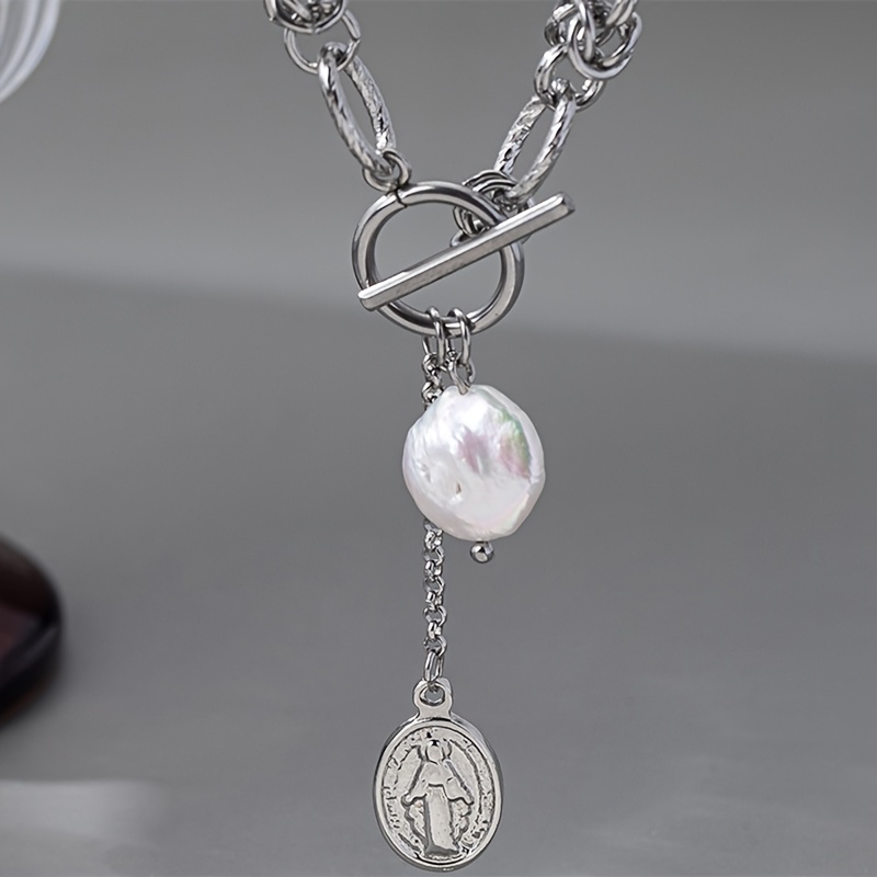 Stainless Steel Necklace with Baroque Pearl Pendant Vintage Style