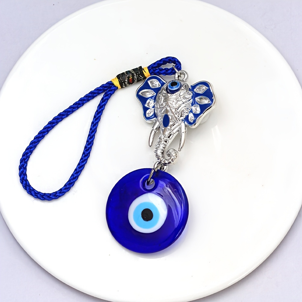 TEMU Turquoise Elephant Rearview Mirror Ornament, Evil Eye Glass Charm And Amulet, Car Decorative Good Luck Charm, Palm-shaped Pendant, Gift, Turkish