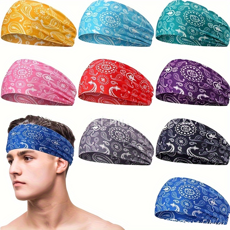 3pcs mens sport headbands sweat absorbent quick dry breathable yoga   cycling headbands with paisley floral geometric patterns yellow blue black non slip lightweight fit for gym workouts outdoor activities workout accessories   athletic style durable construction activewear accessory gym  