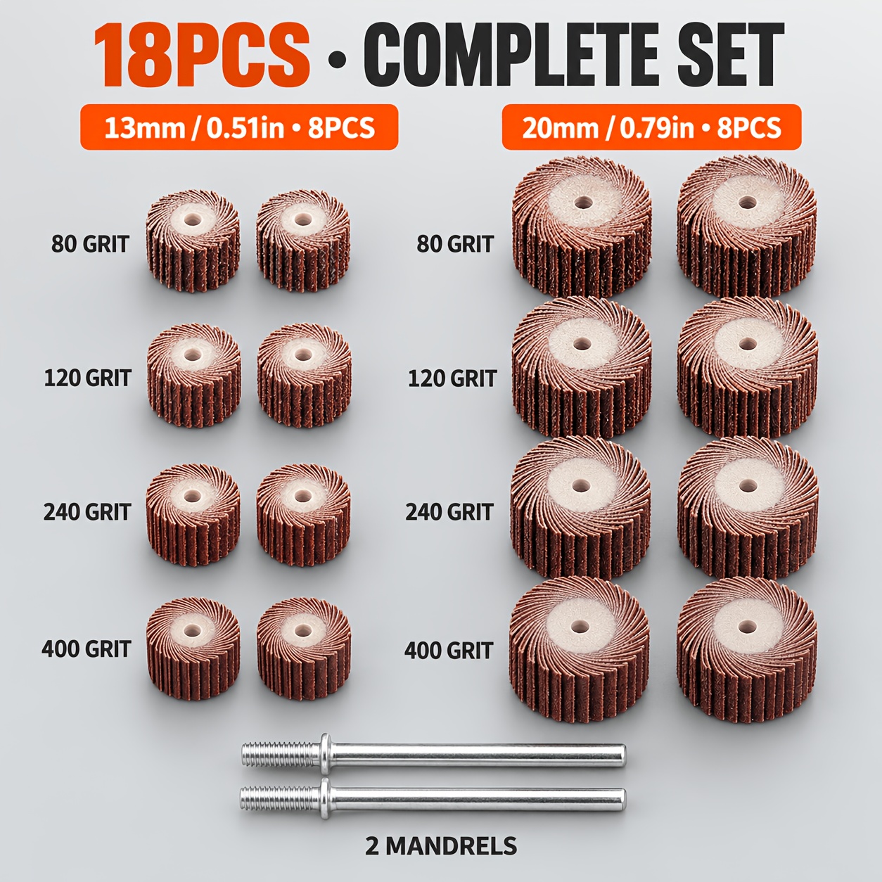 TEMU 18pcs Flap Sanding Wheel Set, 13mm/0.51in & 20mm/0.79in, 80/120/240/400 Grit, 2 Mandrels With 3mm/0.12in , Rotary Tool Abrasive Kit For Metal