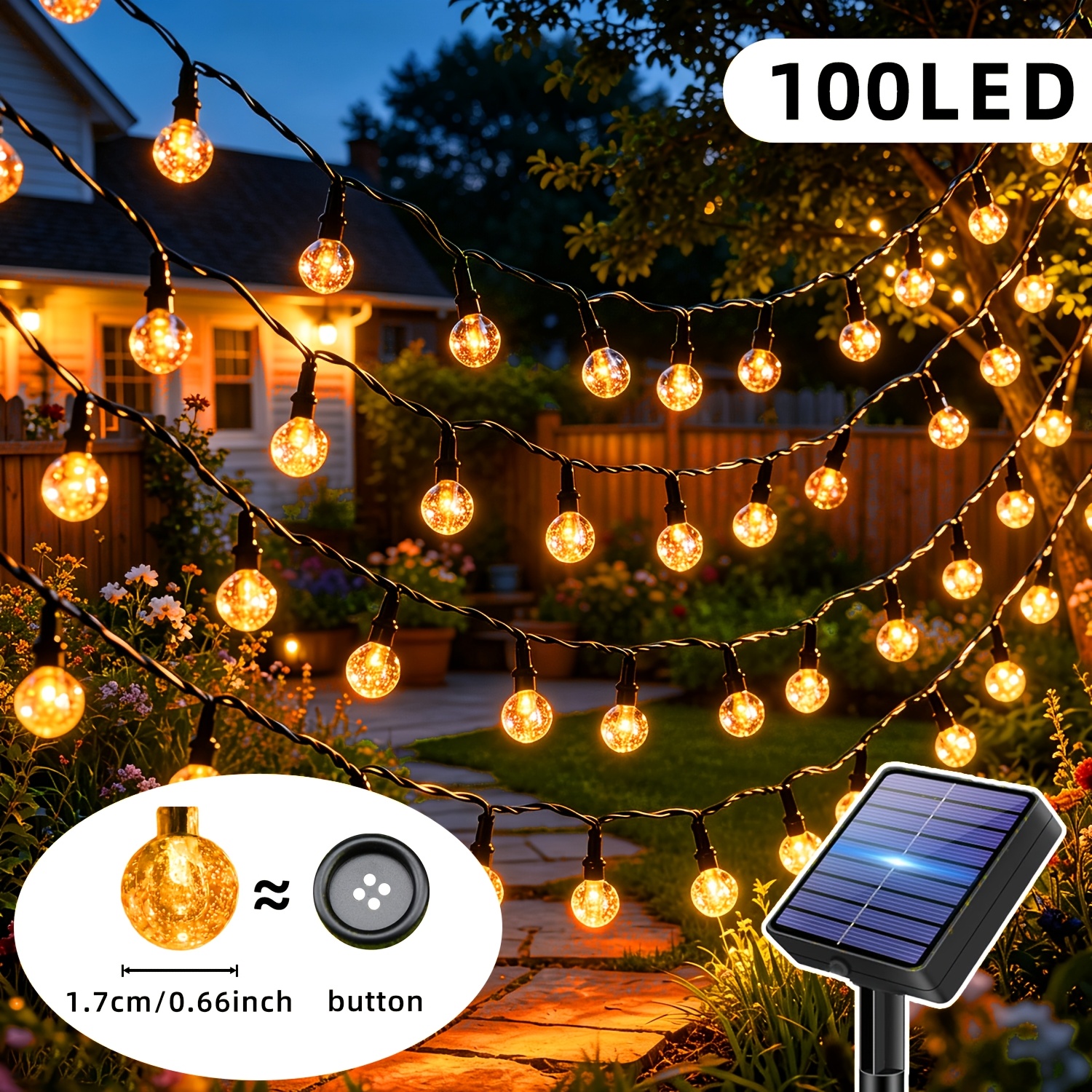Image of /100 Led Solar Outdoor String Lights, Ipx4 Crystal Fairy Lights. 12 , Light Sensor, Auto . Suitable For Gardens, Backyards, , Patios, , Christmas Trees, Carnivals, Mardi Gras, And Wedding Decorations