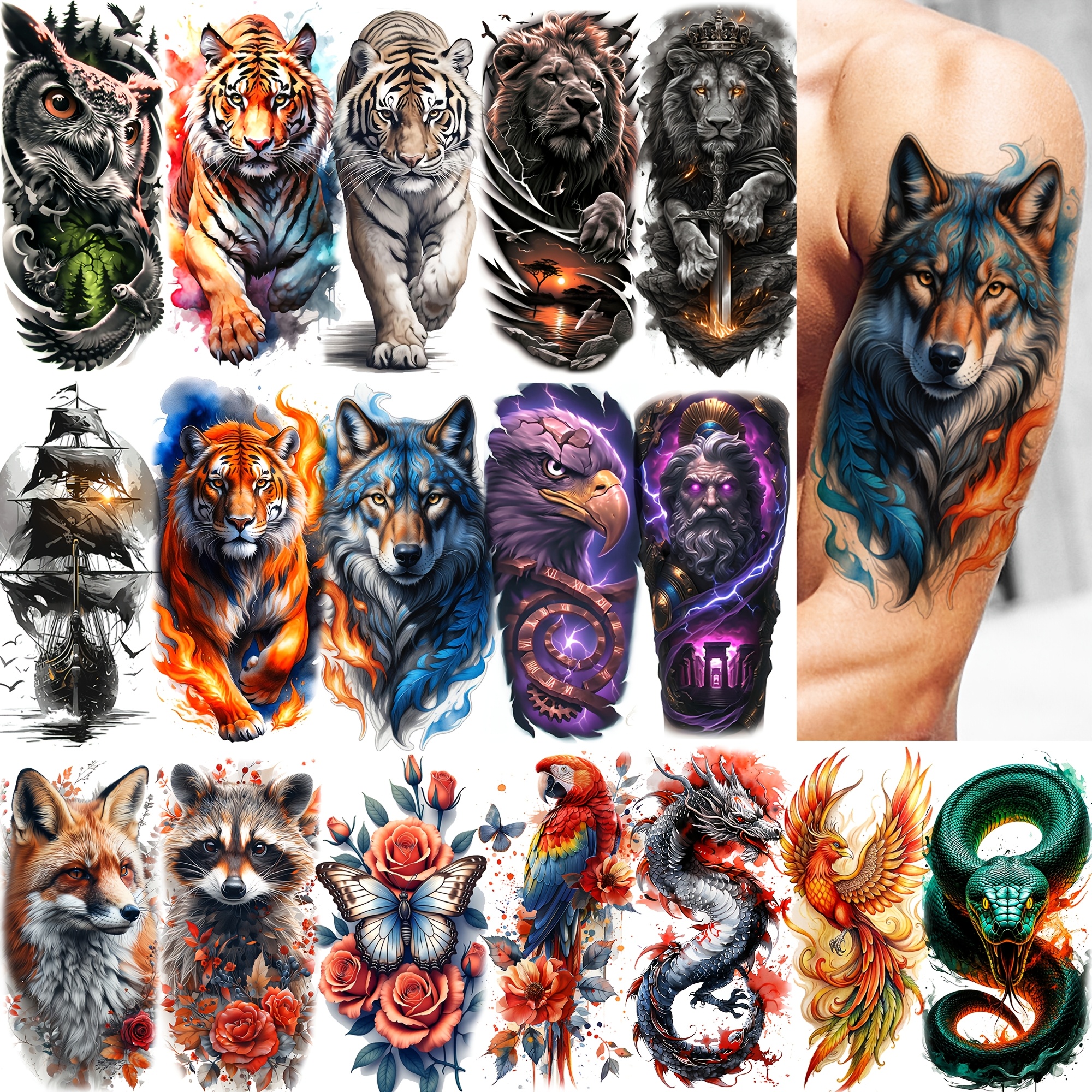 TEMU 17 Sheets Watercolor 3d Animals Wolf Snake Temporary Tattoos Stickers For Adults Men Women Arm Legs Thigh Temp Tattoos Realistic Owl Dragon Fox