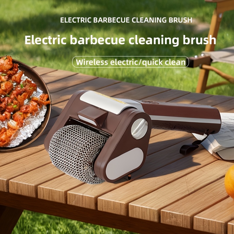 item picture   grill cleaner cordless rechargeable bbq tool with 350 rpm stainless roller led   duty stainless steel bristle grill brush   in burgundy red and black golden
