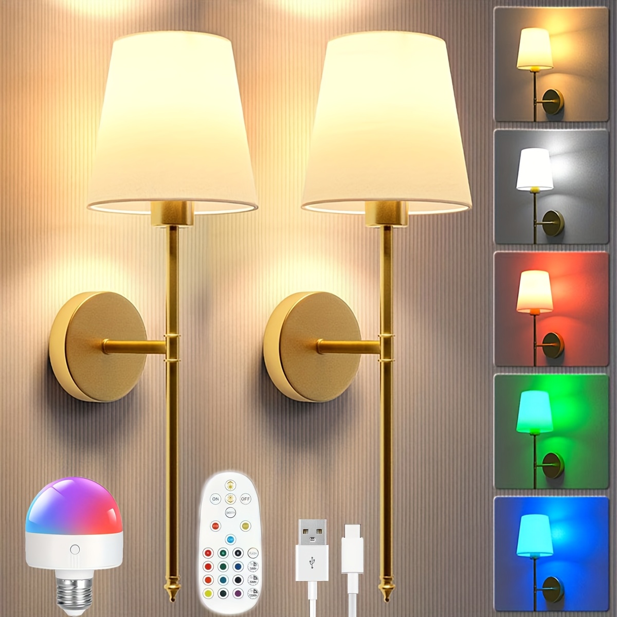 Wall Lights, Battery Operated Wall Sconces Set of 2, Gold Rechargeable Wall  Lights with Dimmable Bulbs and Remote, Wireless Wall Sconces for Bedroom,