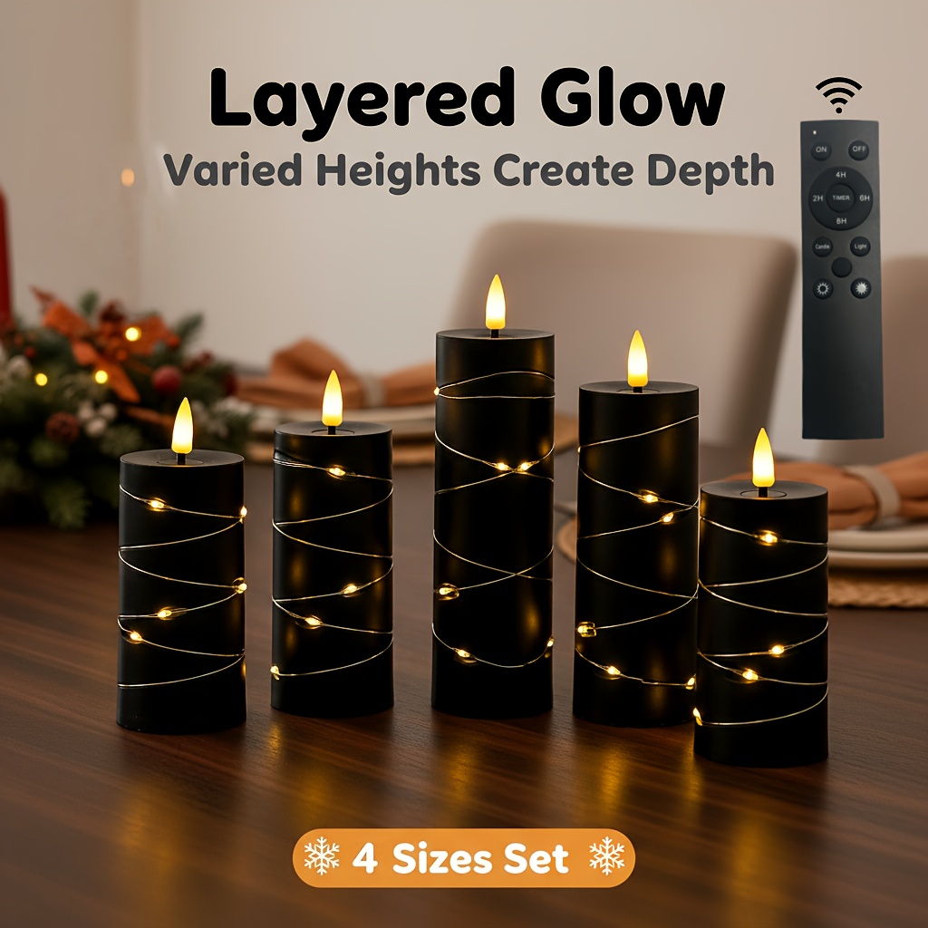 TEMU 5pcs Flameless Led Black Candles With Outdoor Light String - Battery Powered 3d Flickering Black Candles, 3d Lighting Effect, Suitable For