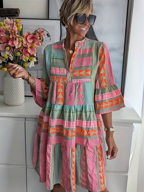 sweet bohemian style printed stand up collar quarter sleeve dress