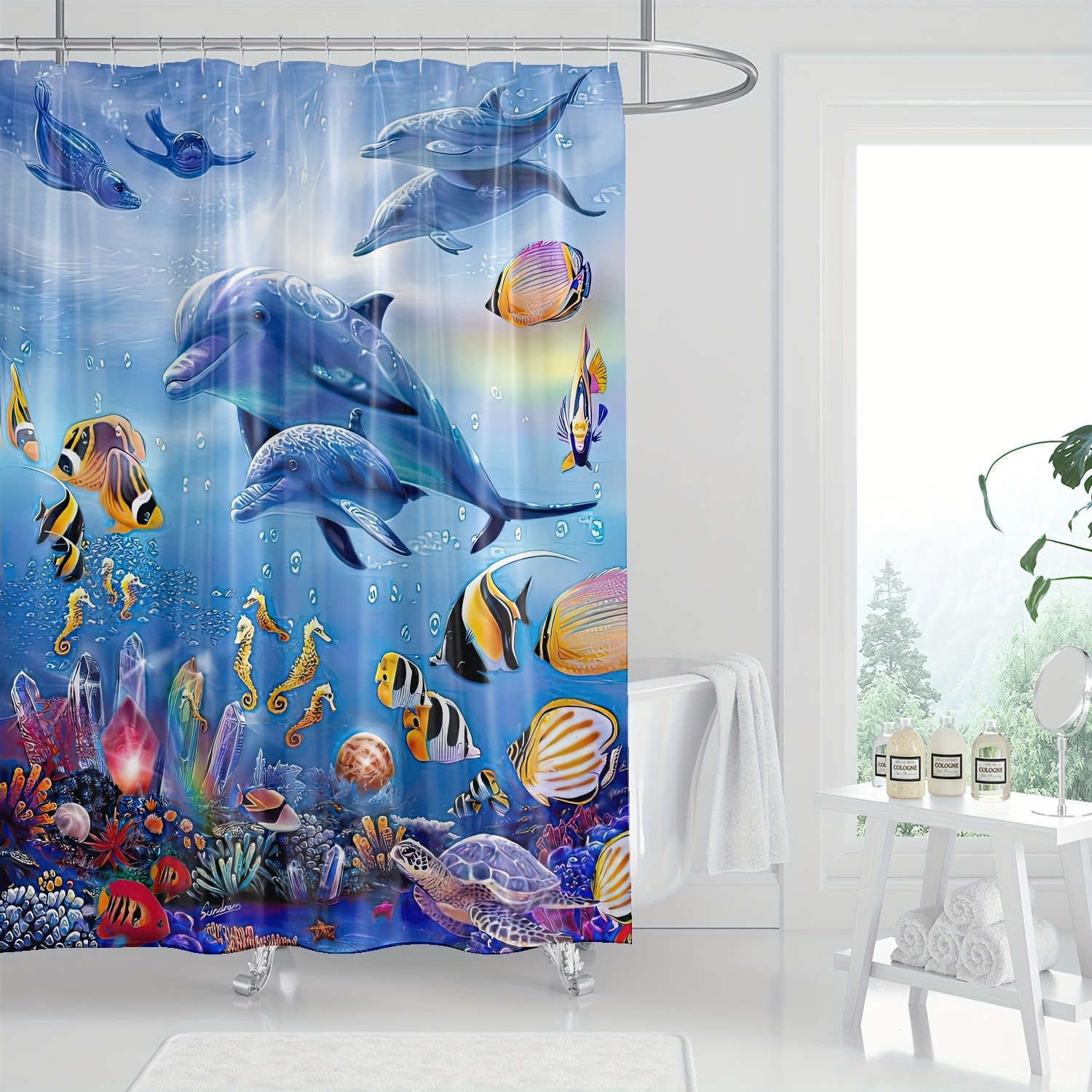 

1pc, Ocean Adventure Shower Curtain, Modern Cartoon Marine Life Dolphin Seahorse Coral Fish Print, Waterproof Bathroom Decor With Hooks, Machine Washable