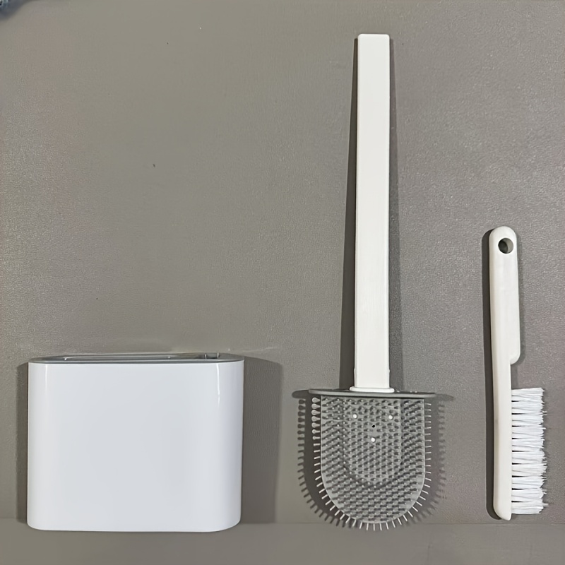 TEMU Gray Rv Toilet Brush Set, Silicone Bathroom Cleaning Brush With Nail-free Wall Hooks, Easy To Clean, Essential For Home Cleaning Rv Toilet Spare Parts