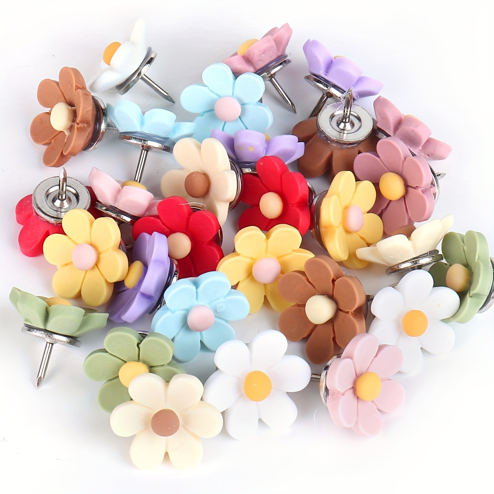 Image of 20pcs Vibrant Color Flower Push Pins - Standard Resin Thumb Tacks For Bulletin Board Organization, Decorative Cork Board Wall Hanging, And Office Supplies - Perfect For Home, School, And Office Use