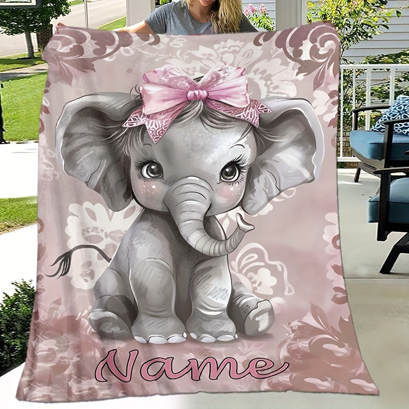 

Personalized Elephant Blanket With Bow - Customizable Name - Suitable For Teens, Adults, And Travel - Lightweight Flannel - Machine Washable - Digital Print - 59x78.7 In / 150x200 Cm