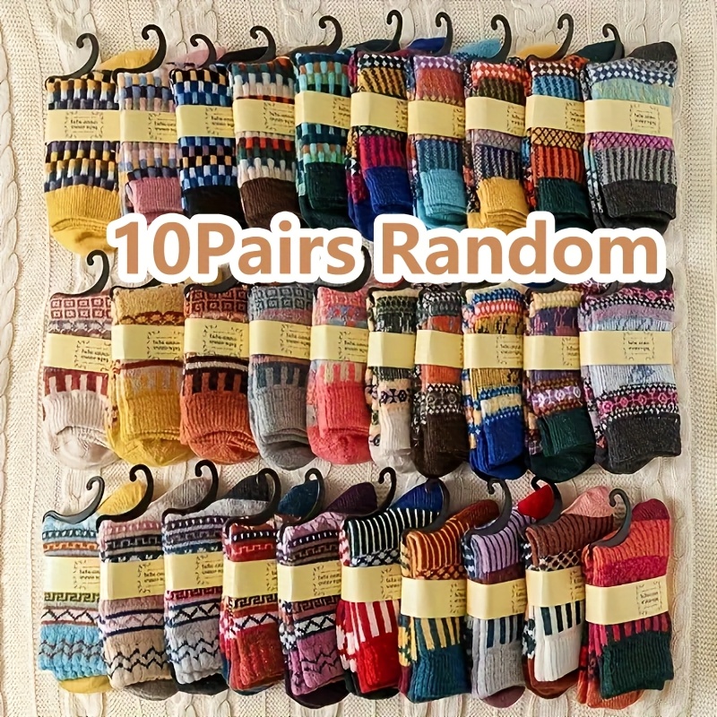 Random 10 Pairs Fall-winter Vintage Pattern Totem Artistic Comfortable Cute Warm Mid-calf Socks, For Teenager
